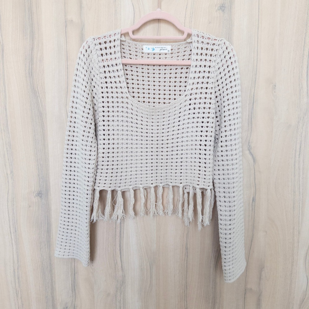 Womens Crochet Fringe Top L Beige Open Knit Boho Festival Western Hippie Coastal